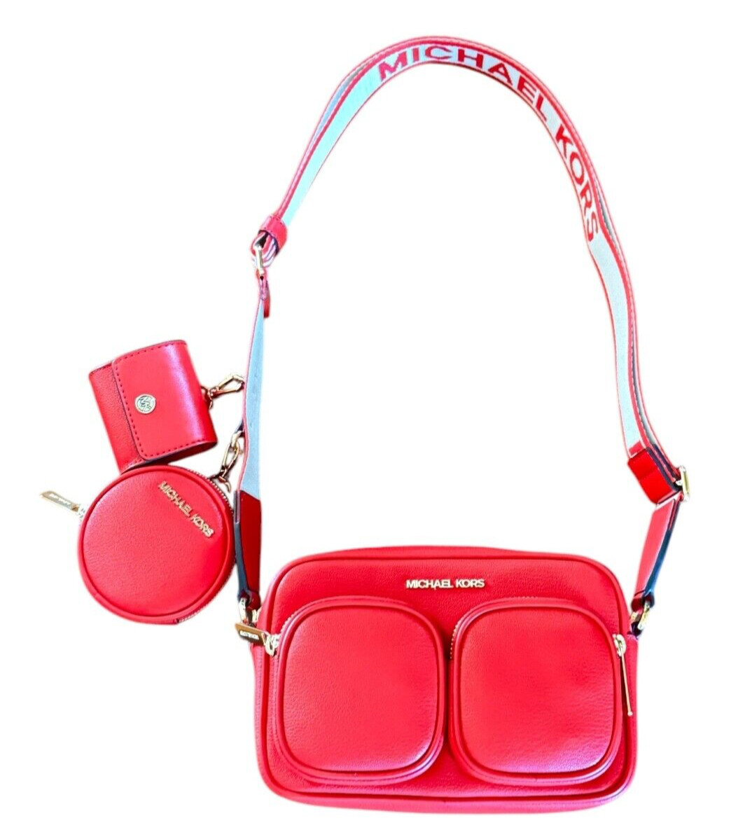 MICHAEL KORS JET SET ITEM MEDIUM POCKET CROSSBODY BAG TECH ATTACHED BRIGHT RED