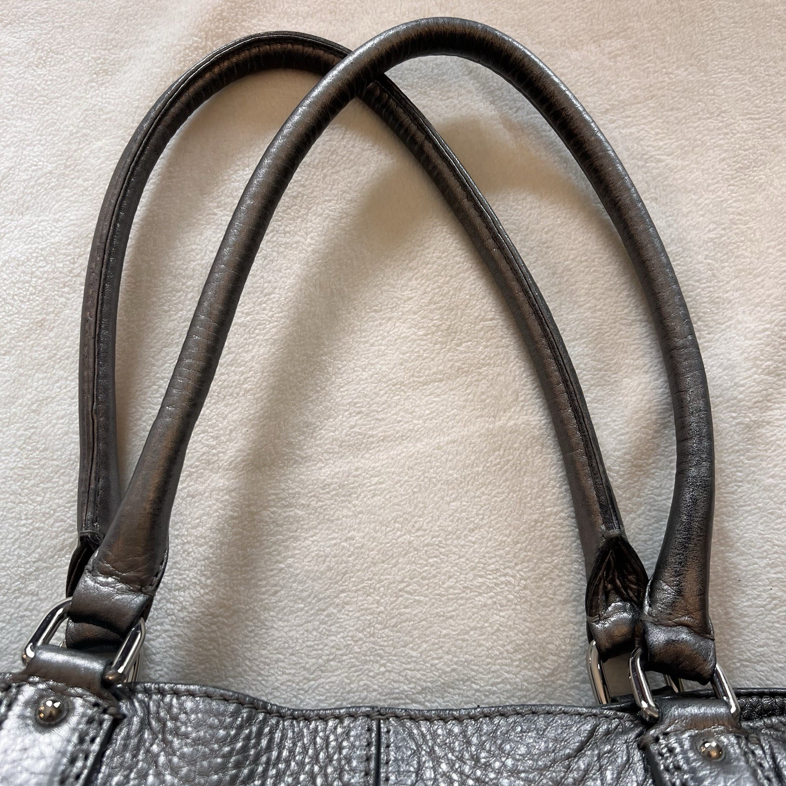 Cole Haan Platinum Silver Metallic Pewter Leather Handbag Hobo Tote Purse
