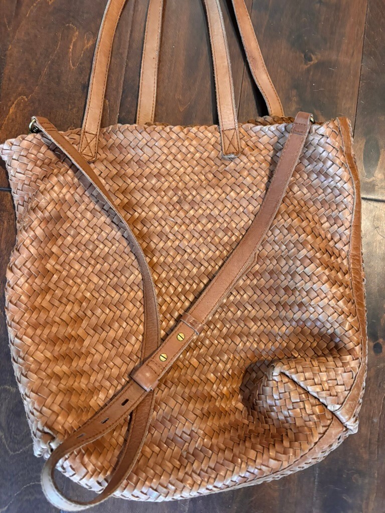 Madewell Large Woven Leather Tote Cognac Brown Crossbody Shoulder Bag