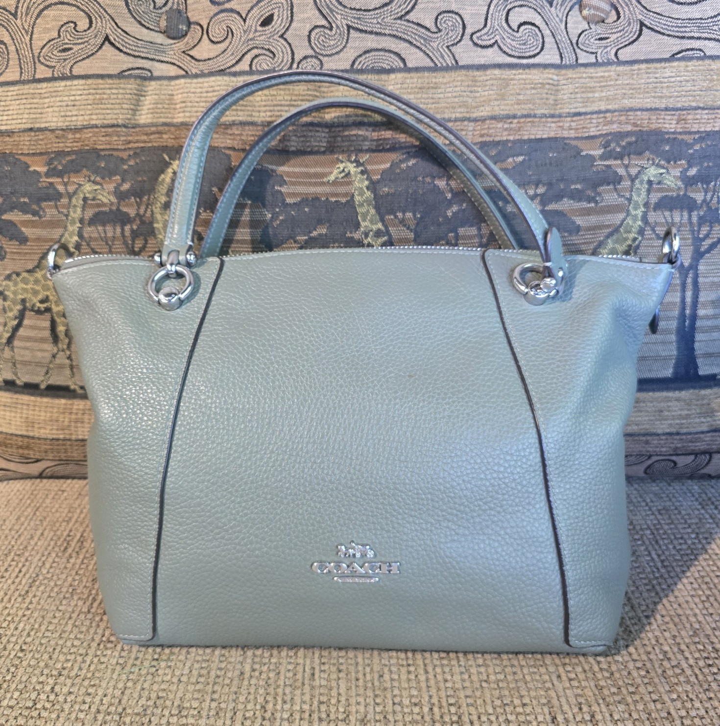Coach Green Pebbled Satchel Top Handle Bag Zip Top Detachable Strap Silver