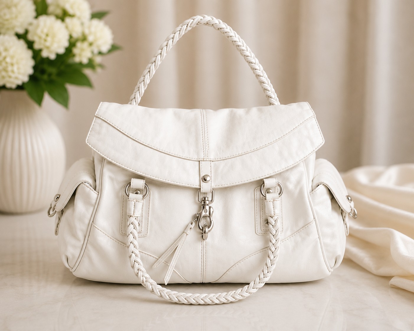 Vintage Francesco Biasia White Leather Shoulder Bag Braided Handle Silver Buckle