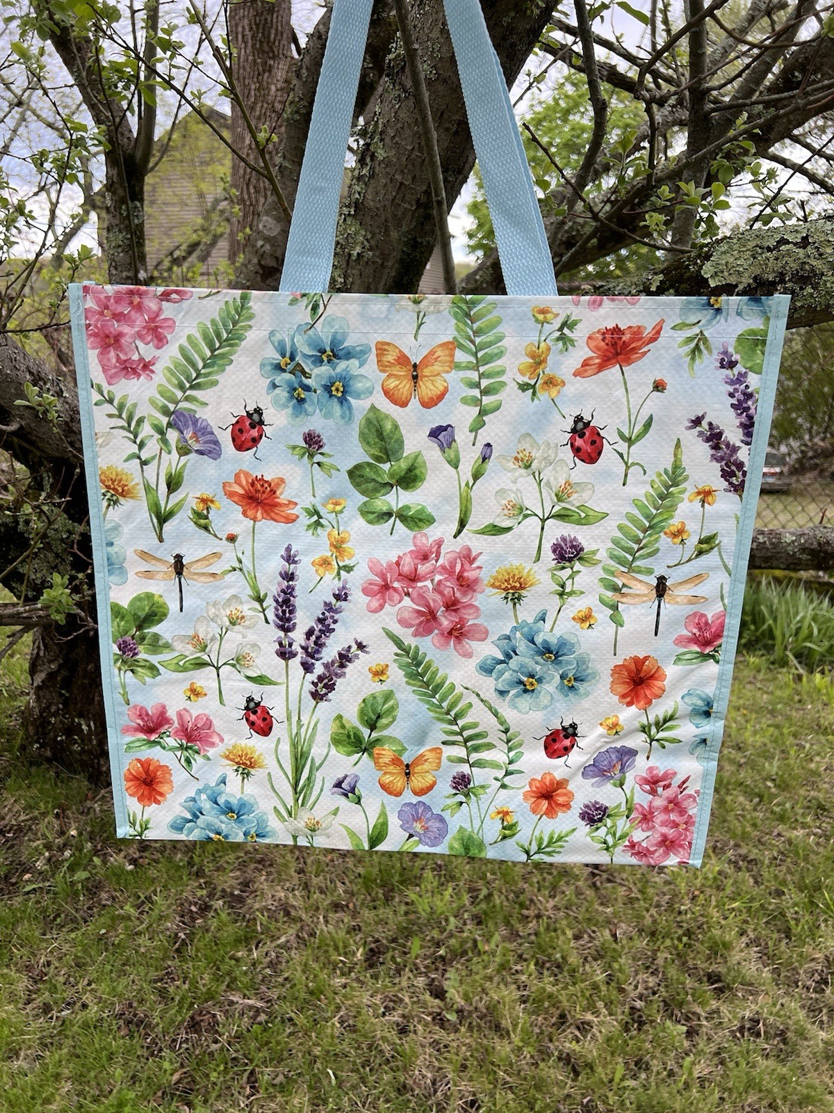 Reusable Shopping Bag 19″ X 18″ X 8” Tote~L 🦋COLORFUL BUTTERFLIES🌸FLOWERS🐞