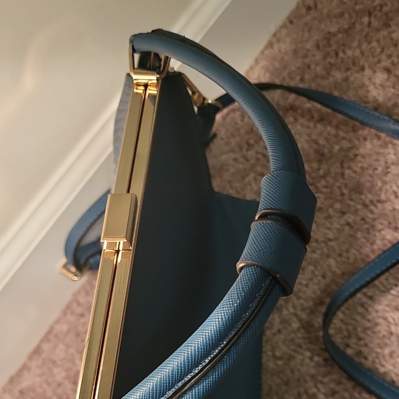 Dune London Blue Textured Satchel Gold Hardware Detachable Strap Top Handle