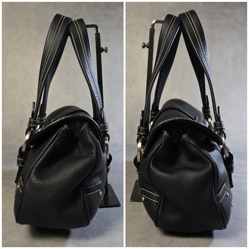 Bally Black Leather Hobo Bag Y2K Silver Hardware White Stitch Shoulder Bag