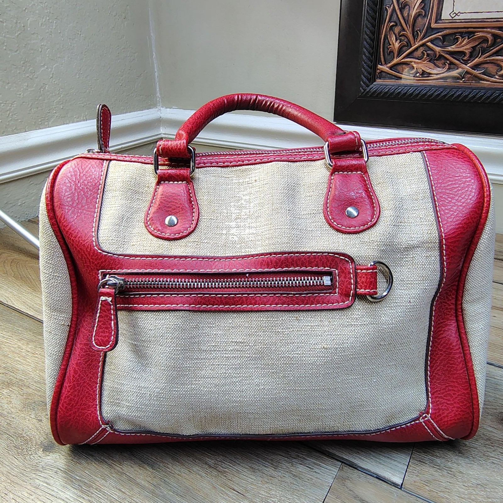 Canvas Red Faux Leather Satchel Handbag Boston Bag Zip Top Travel Purse