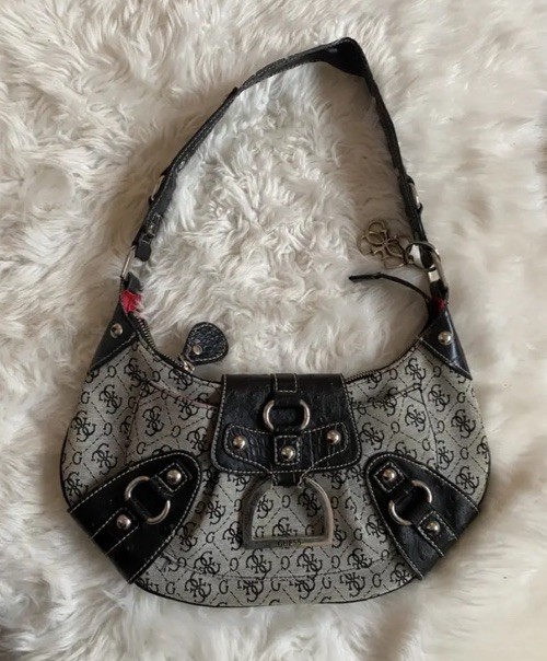 Vintage Y2K Guess Monogram Jacquard Crescent Hobo Bag Gray Croc Buckle Purse