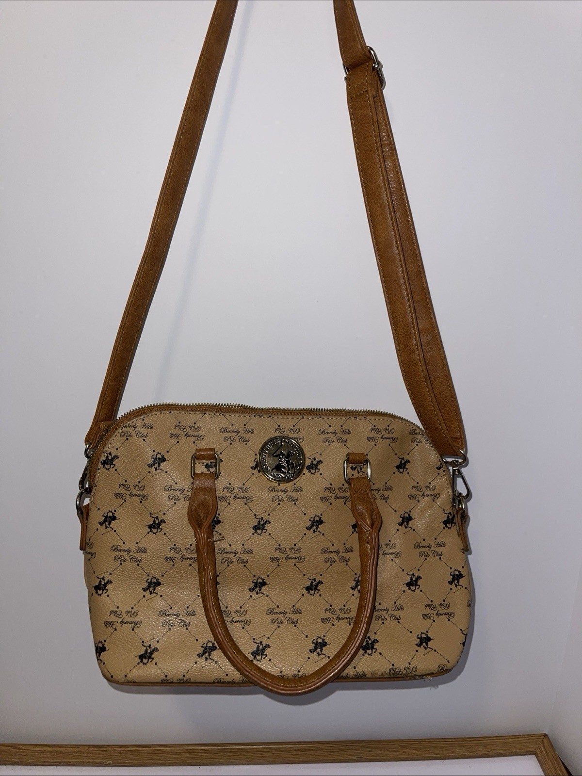 Beverly Hills Polo Club Monogram Dome Satchel Handbag Crossbody Tan Beige GREAT