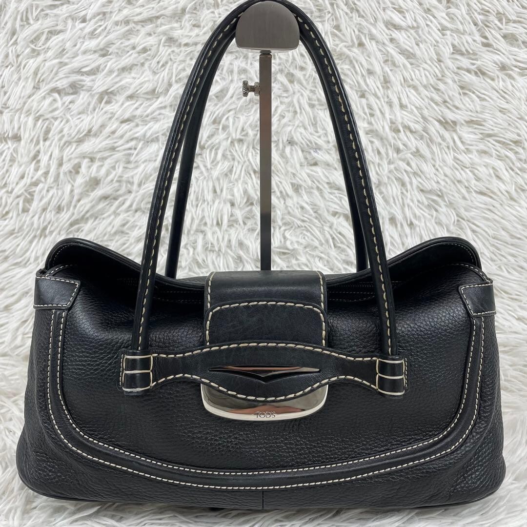 Tods D Bag Black Leather Shoulder Bag Pebbled Tote Handbag Italy Silver Hardware