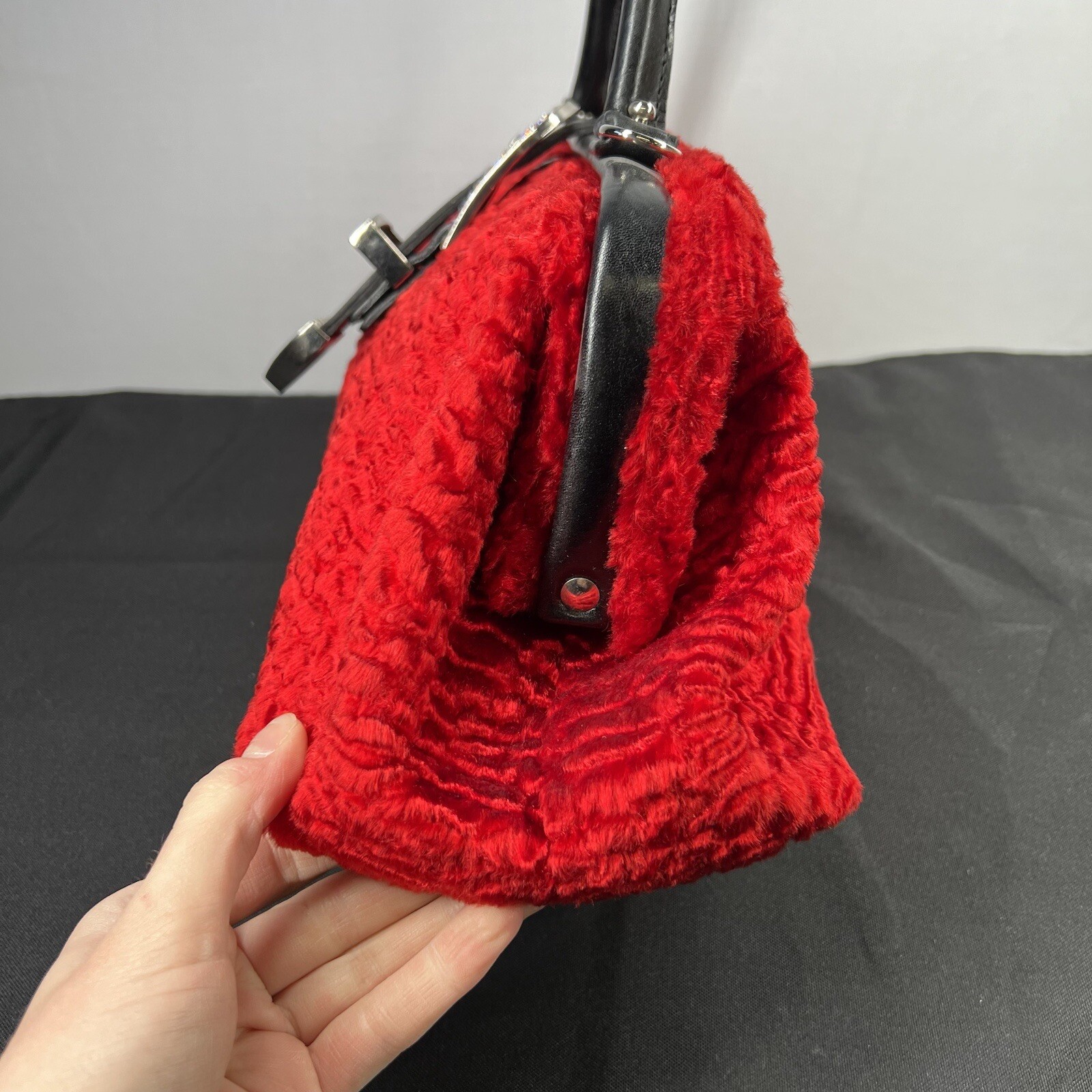 Raviani Red Faux Fur Rhinestone Studded Handbag Purse New Read
