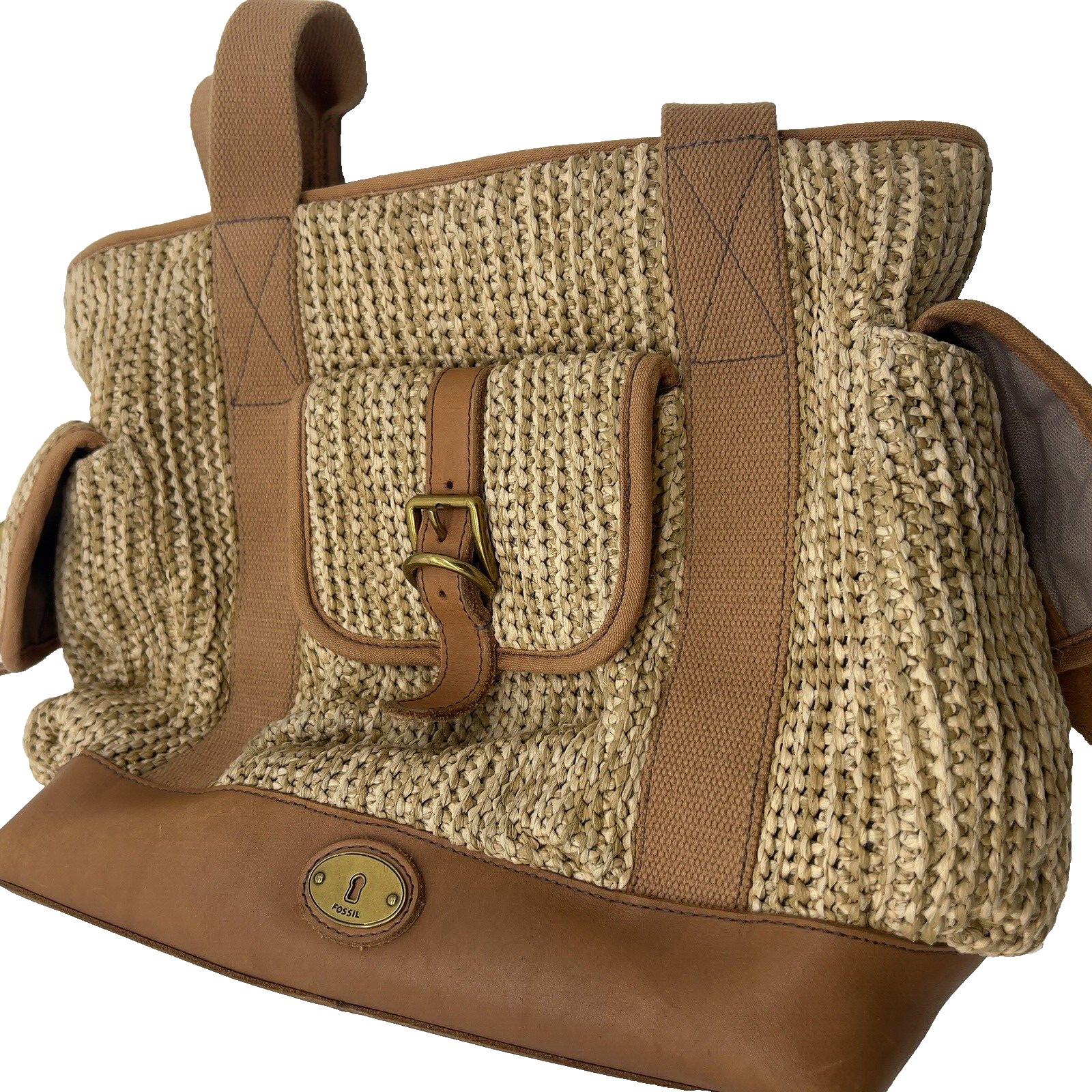 Fossil Handbag Large Weekend Raffia Natural Tote Bag Tan Leather Trim
