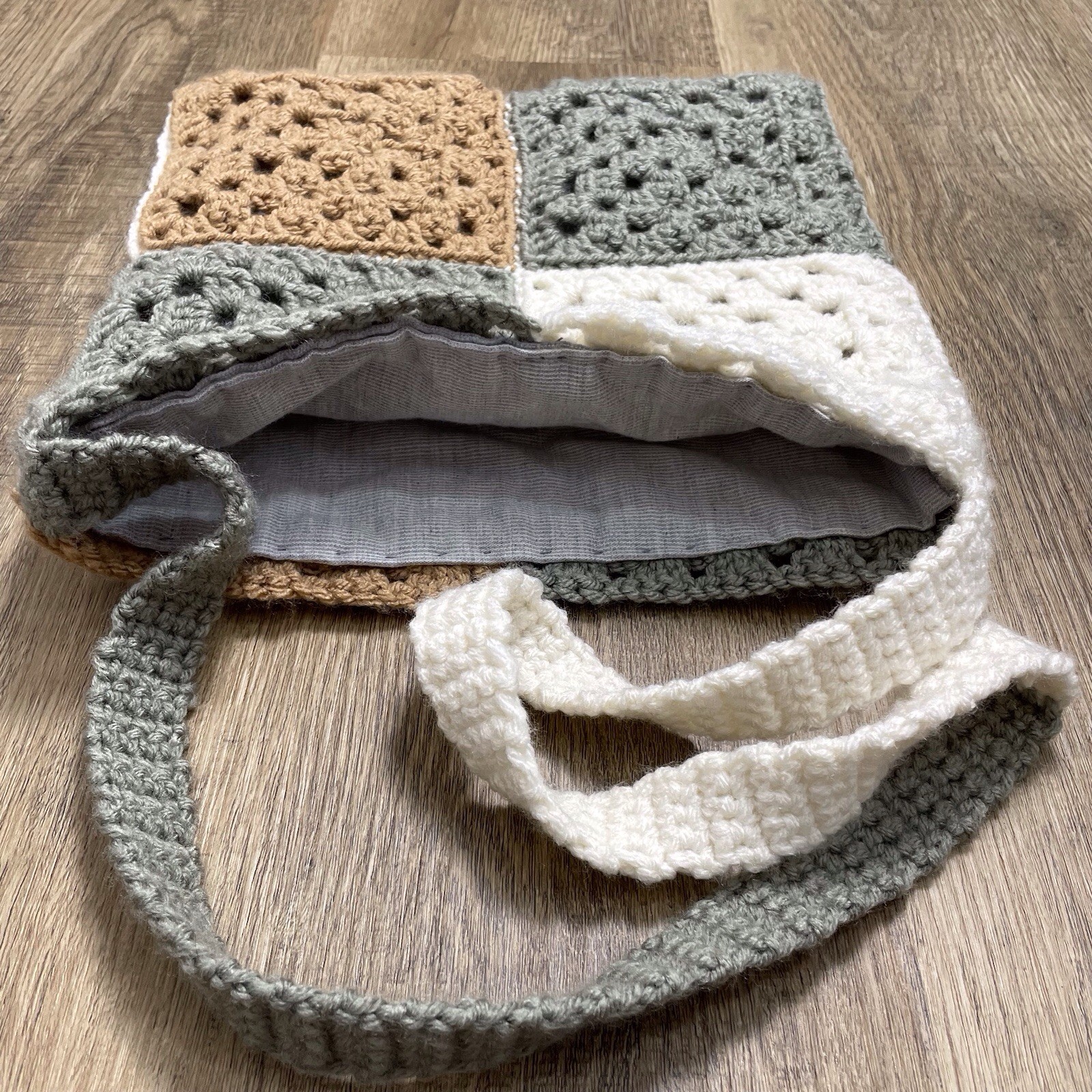 Granny Square Crochet Cross Body Shoulder Bag Sage Brown Lined Boho Festival