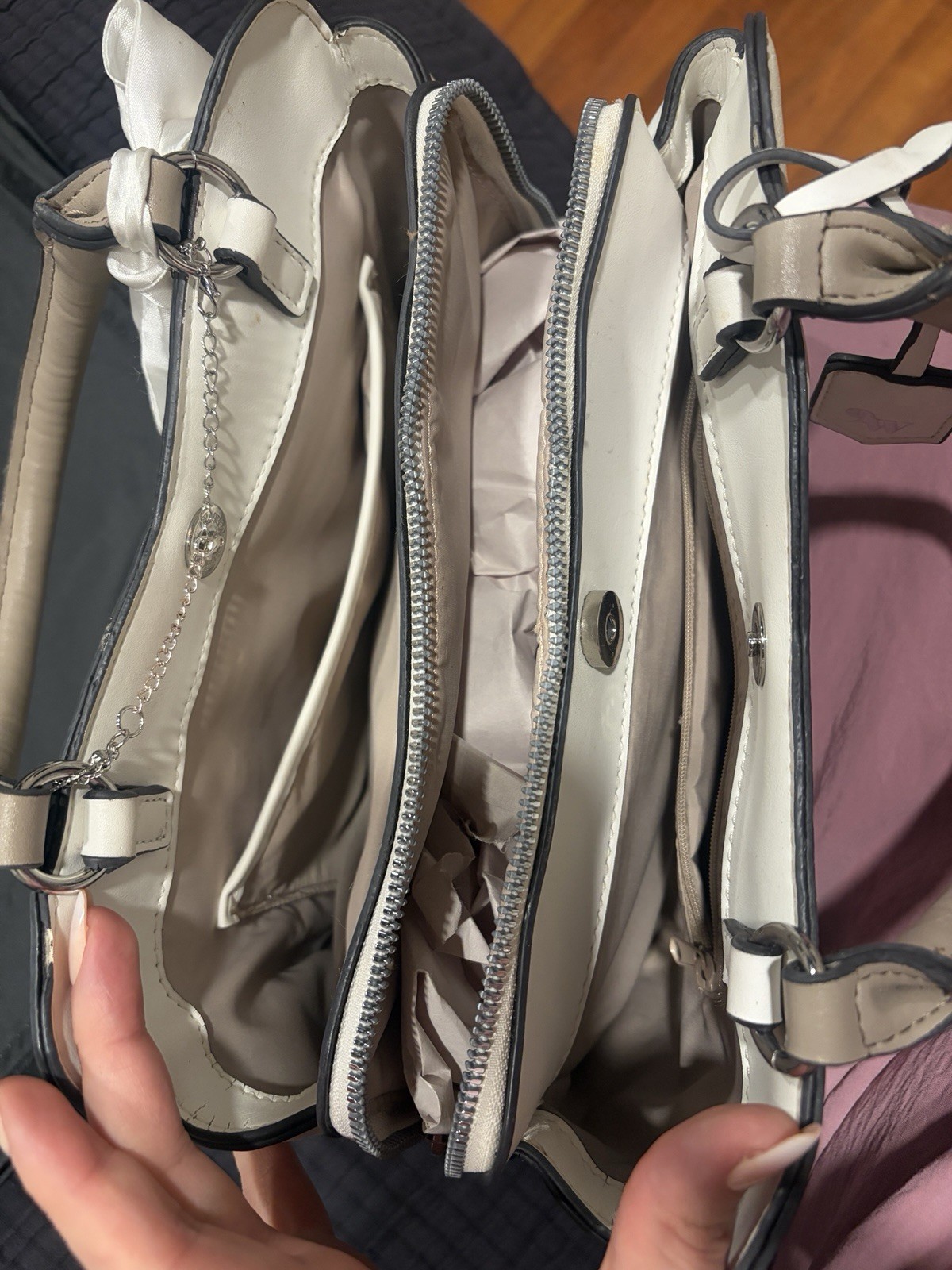Nine West Ivory Satchel Top Handle Bag Zip Closure Silver Hardware Inner Pockets