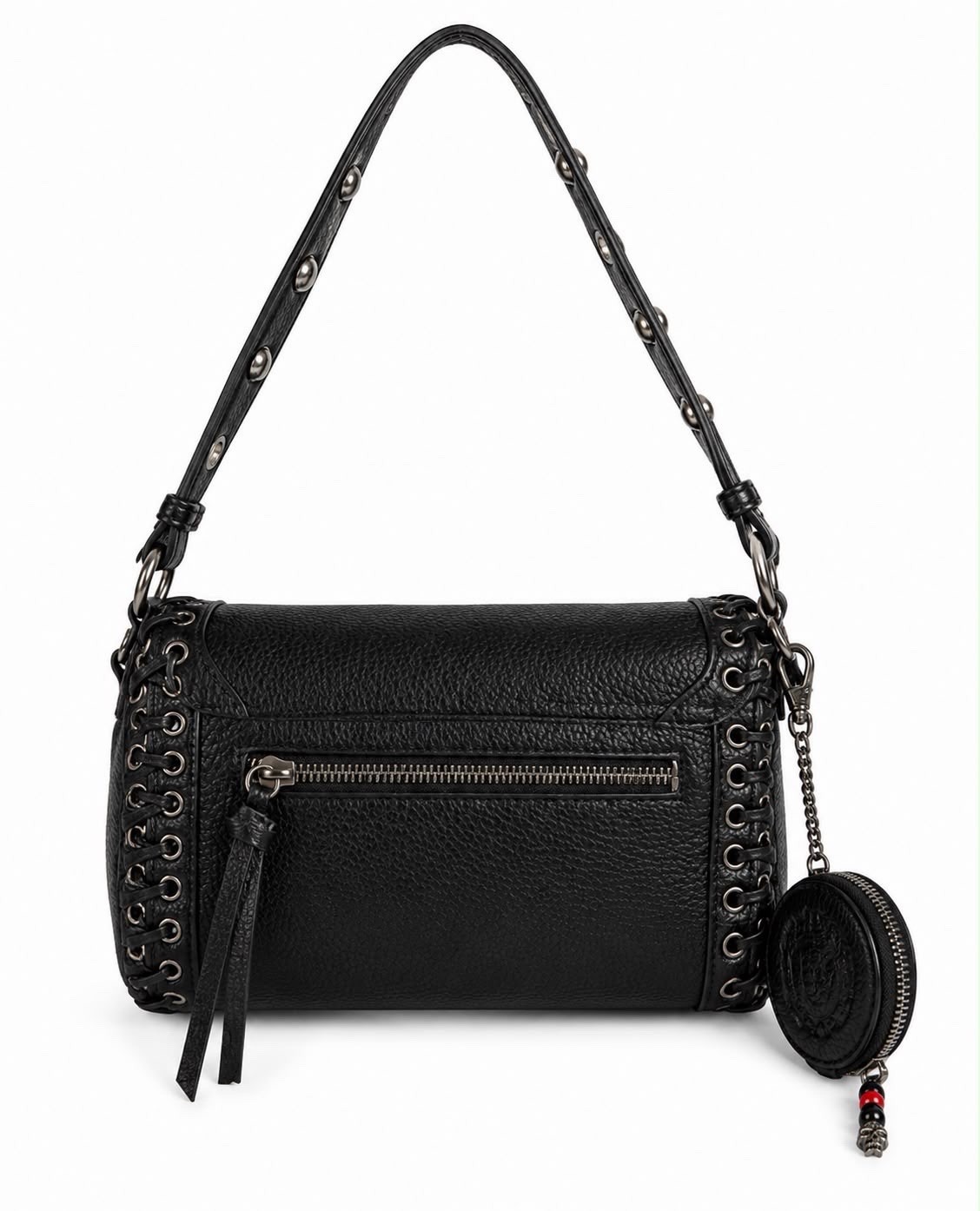 Ed Hardy Shoulder Bag Black Logo Zip Silver Hardware Grommet Coin Purse Women