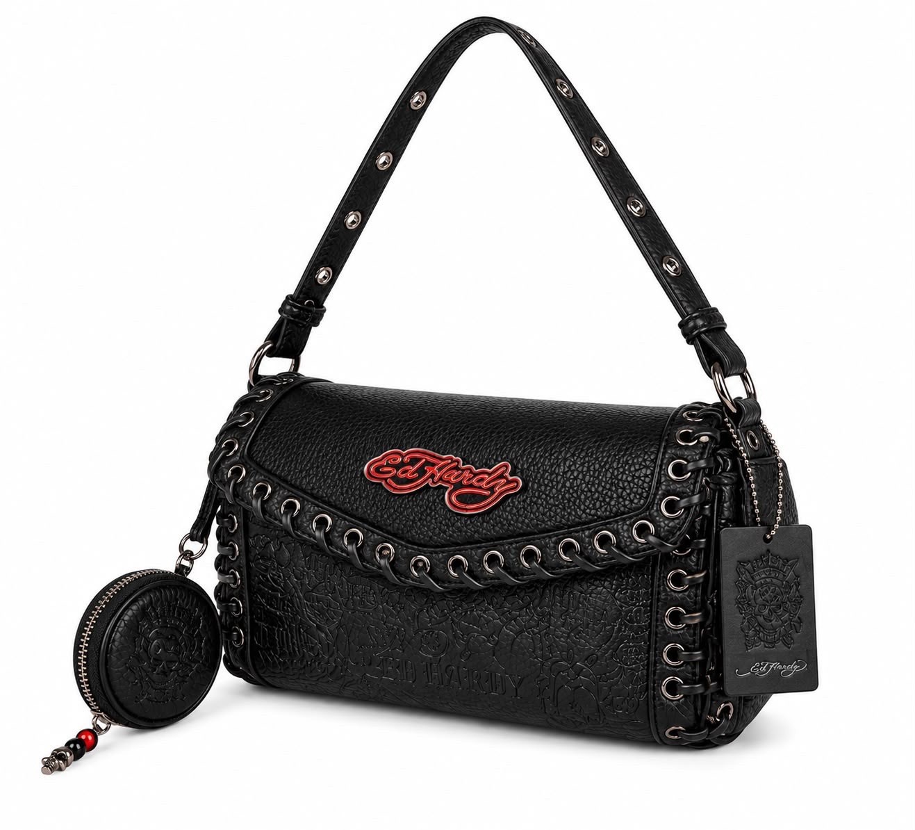 Ed Hardy Shoulder Bag Black Logo Zip Silver Hardware Grommet Coin Purse Women