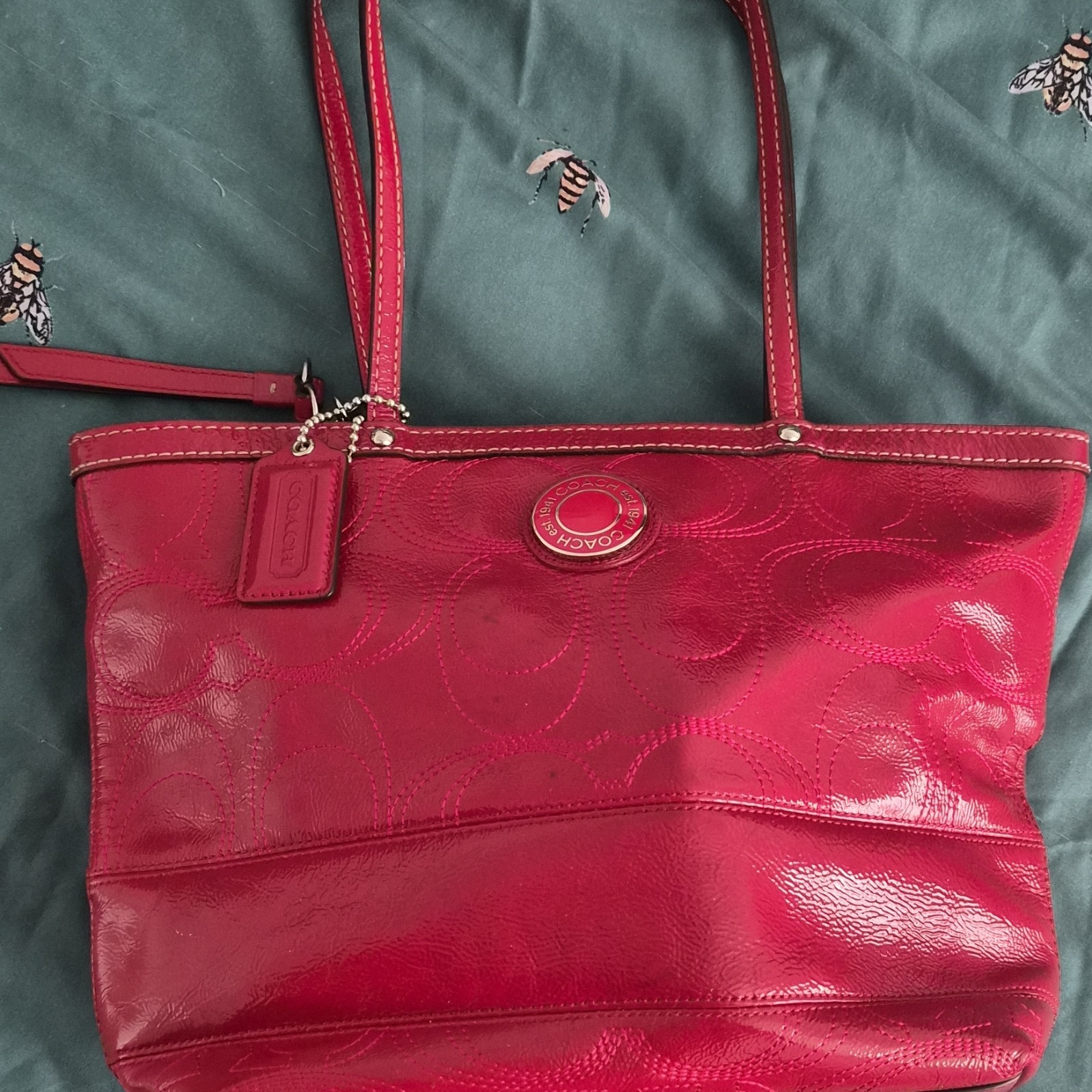 Coach Red Patent Logo Tote Shoulder Bag w/ Silver Hardware Zip Closure Charm