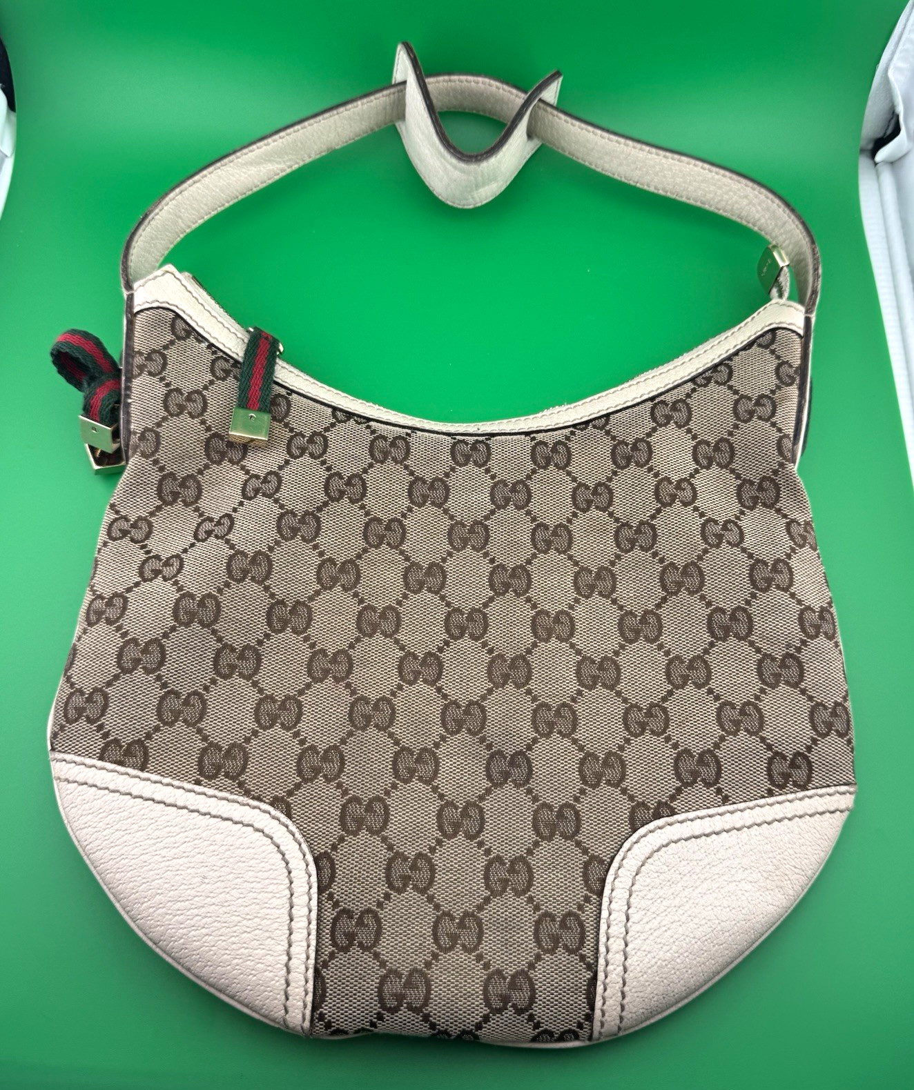 Gucci GG Monogram Crescent Shoulder Bag Ivory Trim/Strap Zip w Bag Charm