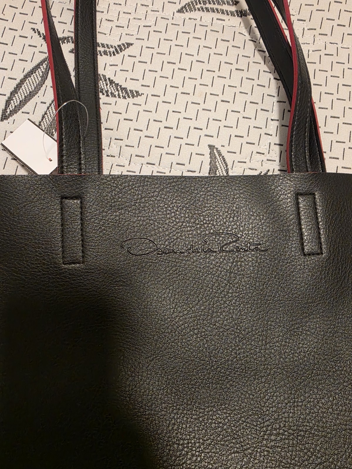 Oscar de la Renta Black Pebbled Solid Tote Bag w/ Double Handles Red Lining