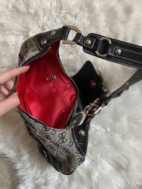 Vintage Y2K Guess Monogram Jacquard Crescent Hobo Bag Gray Croc Buckle Purse