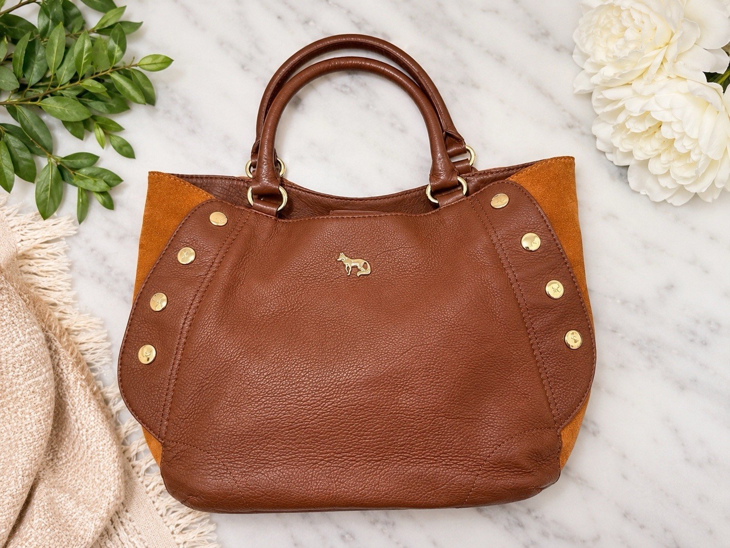 Emma Fox Brown Pebble Leather Satchel Handbag Sweet Panels Gold Tone Large ￼