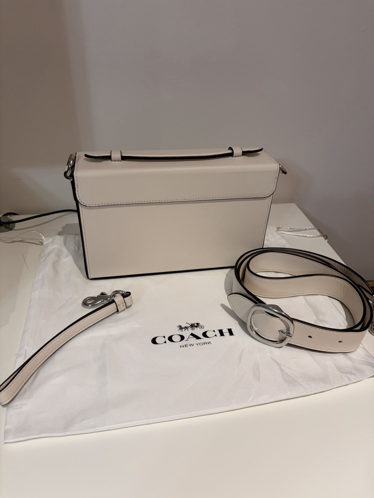 Coach Tabby Box Bag in Cream with Silver hardware, cross body and wrist strap.