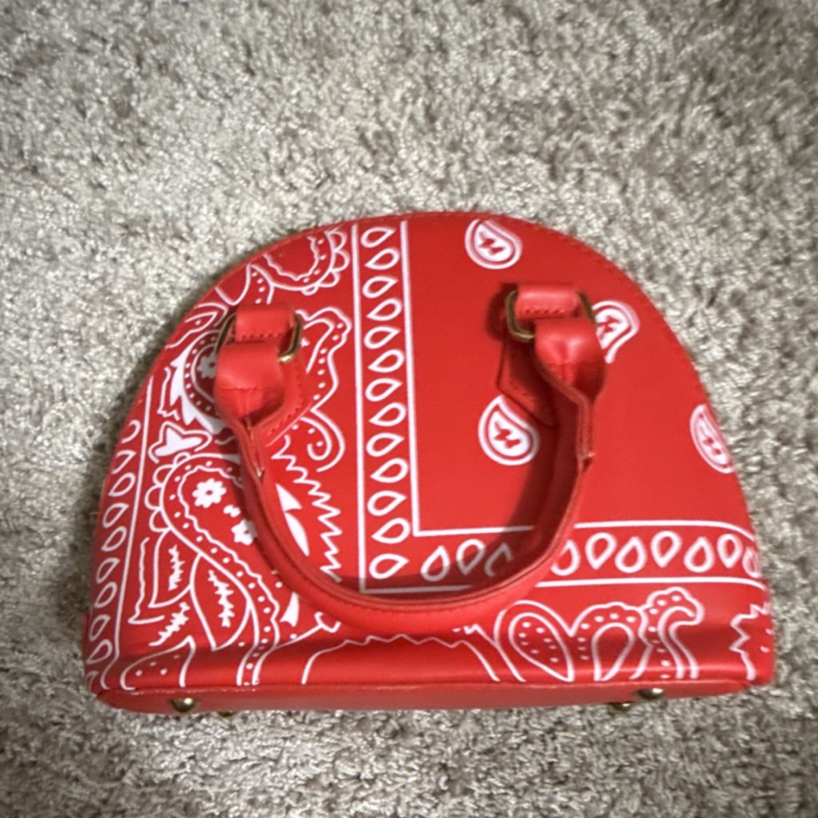 Red Paisley Satchel Top Handle Bag Gold Hardware Zipper Accent Women