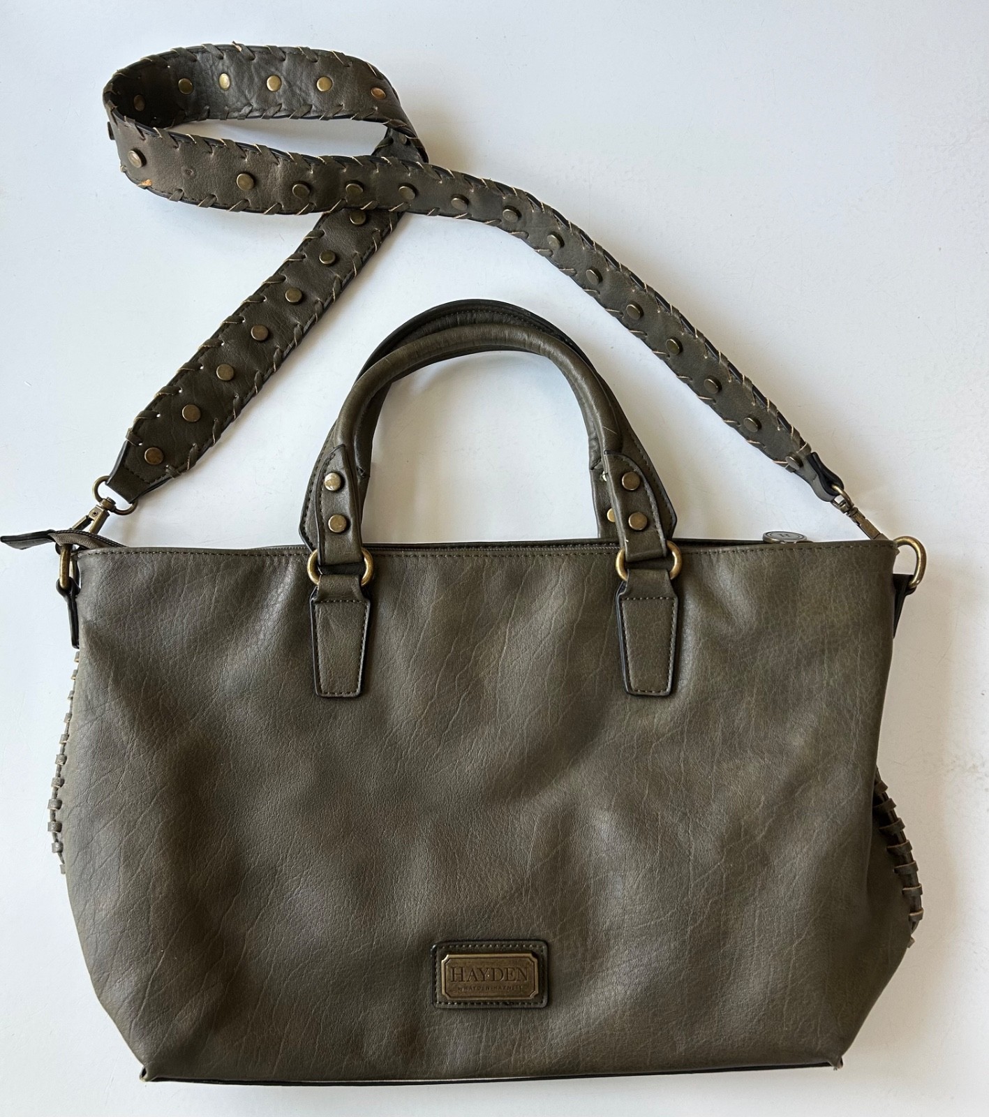 HAYDEN HARNETT Handbag BRASS STUDDED Green Vegan Crossbody Strap Satchel Purse