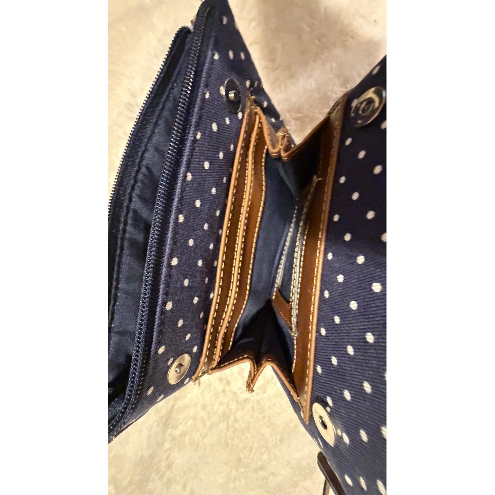 Chaps Navy Blue Polka Dot Crossbody Bag Brown Trim Canvas Small Messenger Purse