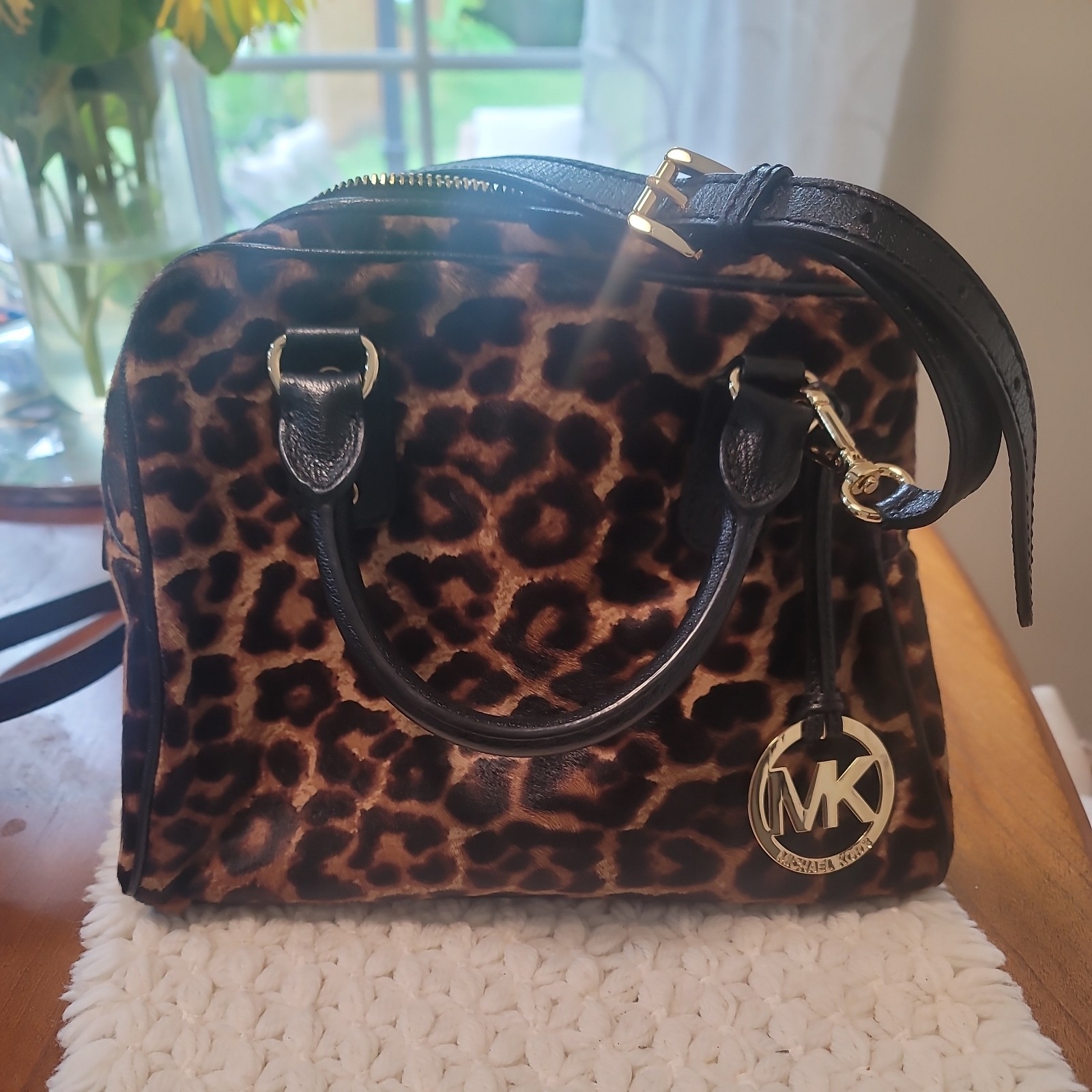 Michael Kors Leopard Calf Hair Brown Leather Trim Double Satchel Cross Body