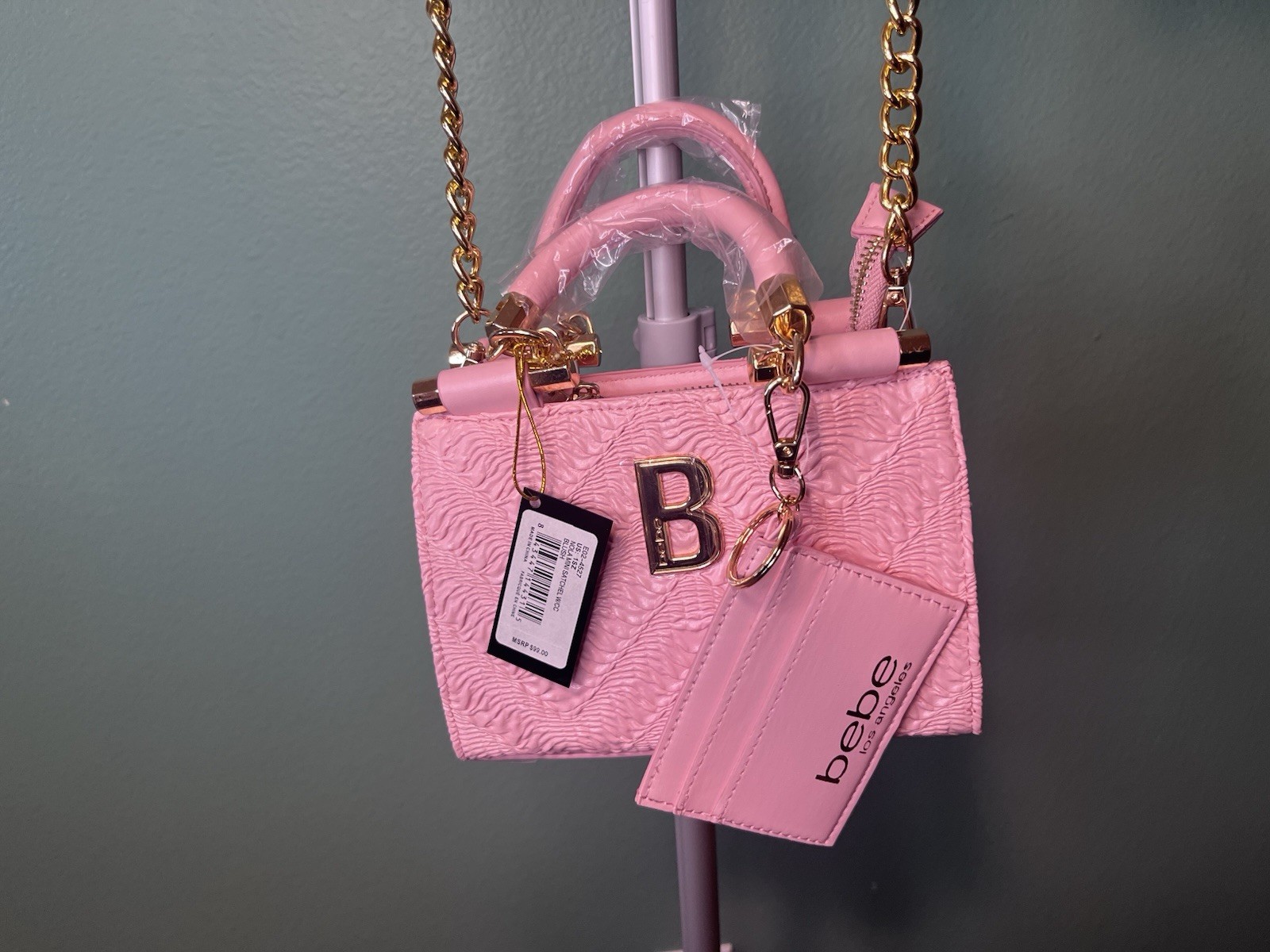 bebe Pink Small Crossbody Satchel Top Handle Zip Gold Chain Detach Strap Pouch