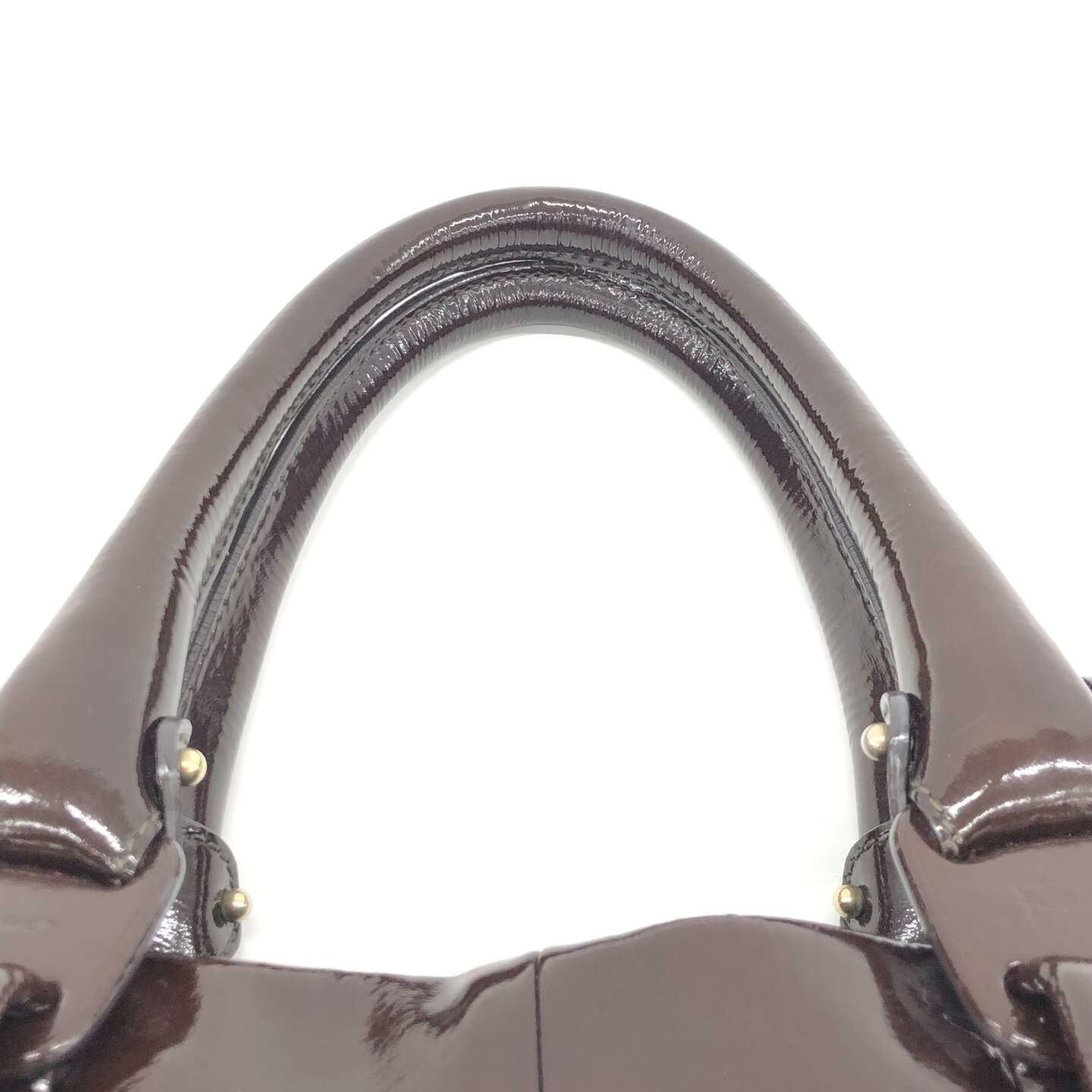 Salvatore Ferragamo Patent Leather Tote Bag Brown Large Shoulder Bag Zip Closure
