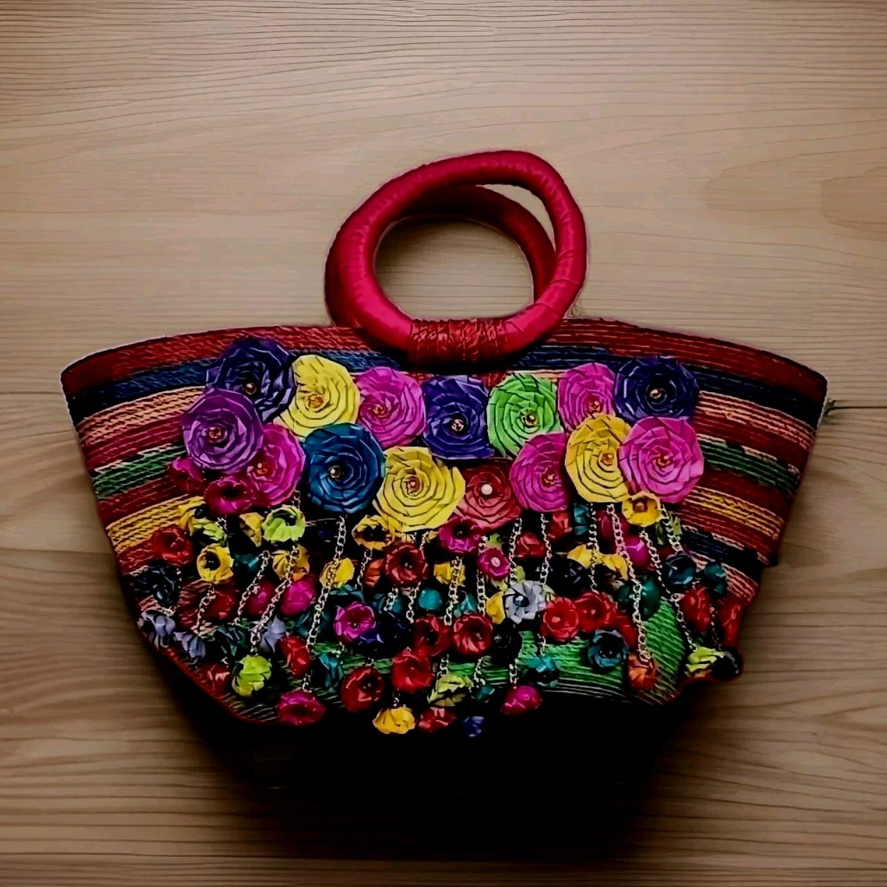Vintage Tote Bag Straw Flowers Bolsa De Palma Hand Made Big Colorful 20×10×6″