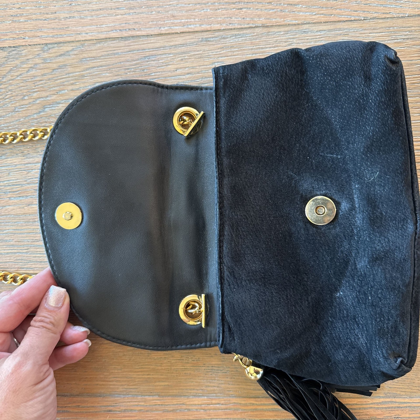 Jennifer Moore Black Velour Purse, Shoulder Bag with Gold Strap