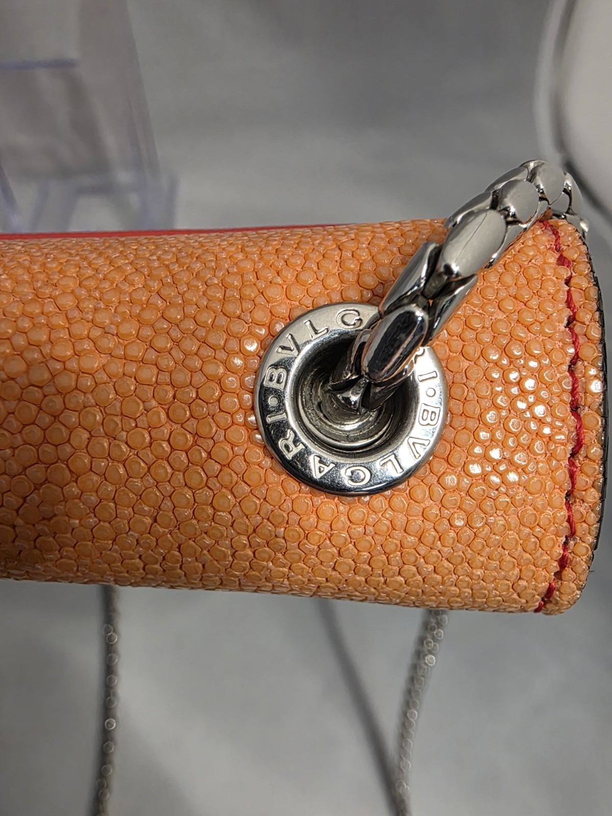 Authentic Bvlgari Serpenti Red Leather & Stingray Flap Bag Silver Chain
