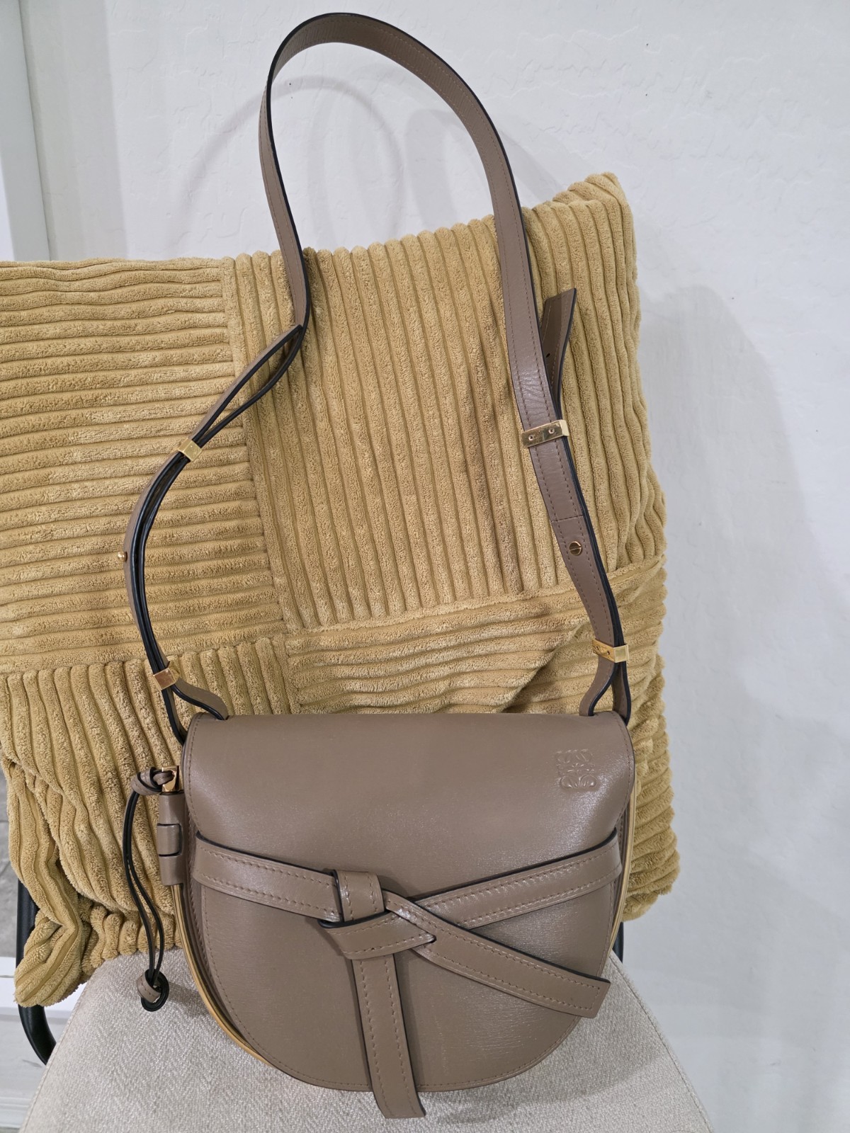 Loewe Gate Small Taupe Pebbled Saddle Crossbody Bag w/ Gold Hardware