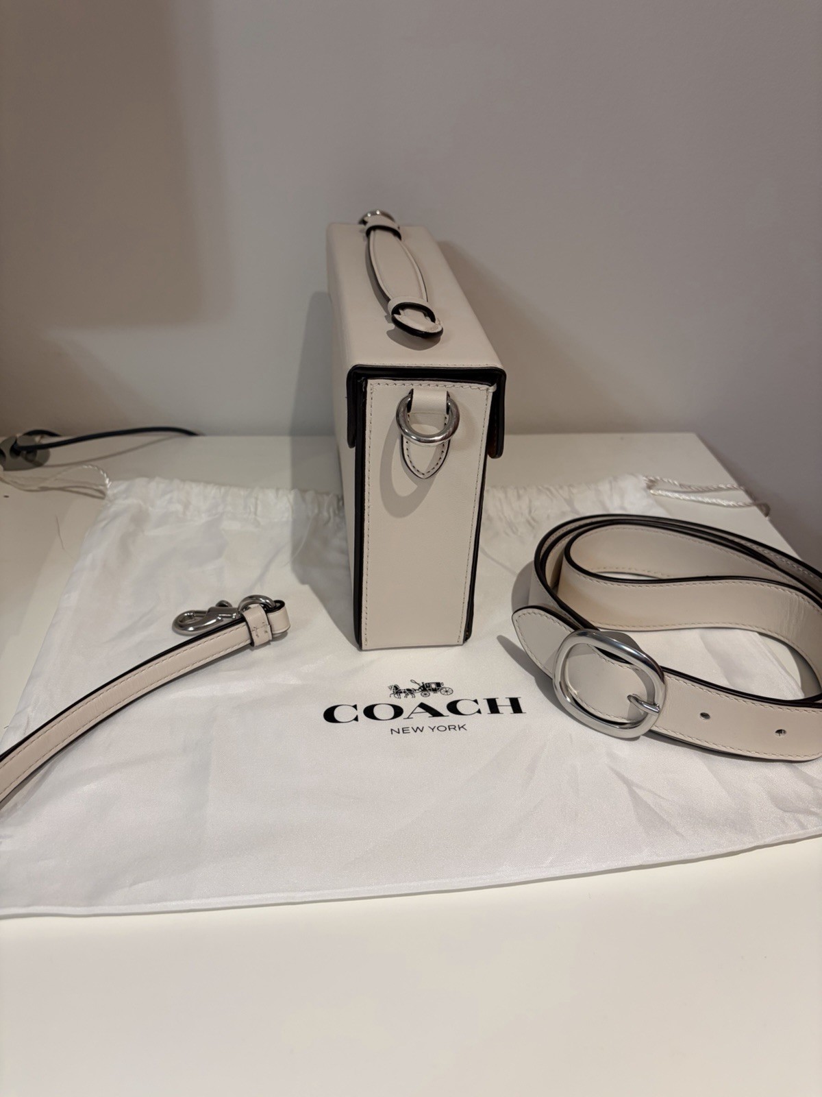 Coach Tabby Box Bag in Cream with Silver hardware, cross body and wrist strap.