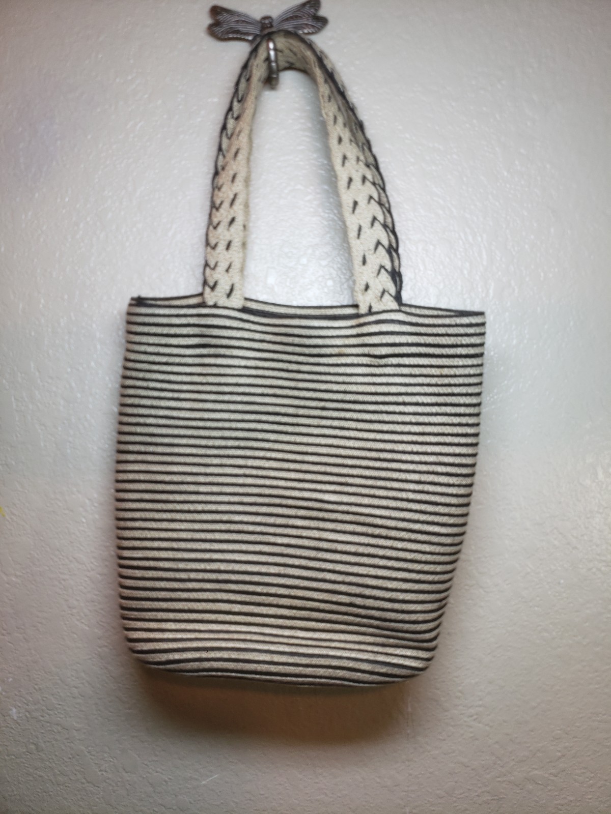 Betmar New York Beige & Black Woven Striped Tote Purse Shoulder Hand Bag