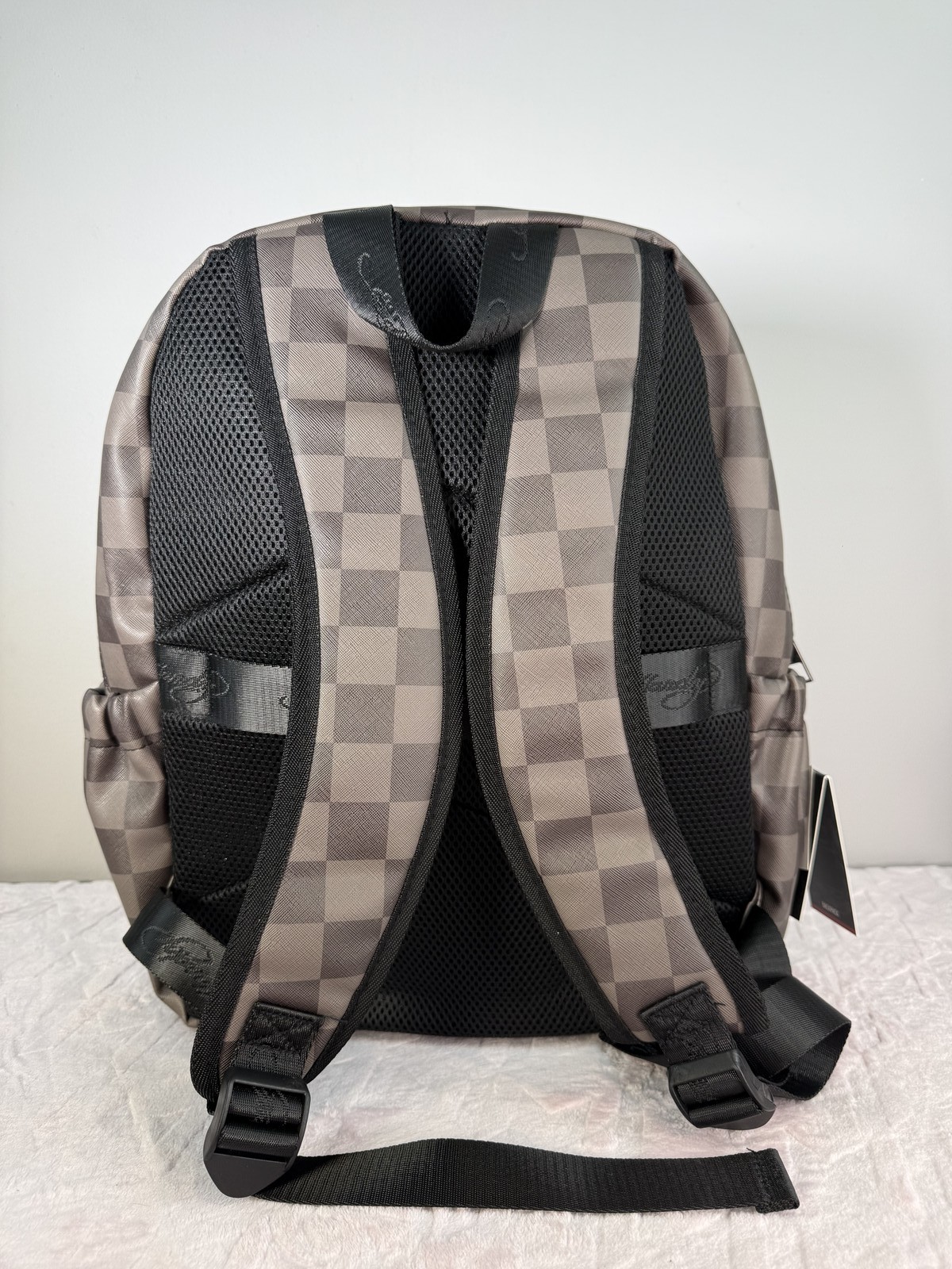 Ed Hardy Backpack Gray Checkered Faux Leather Eagle Graphic