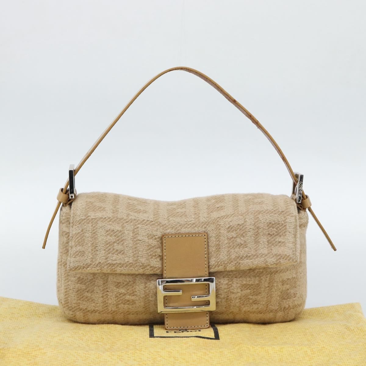 FENDI Zucca Canvas Mamma Baguette Shoulder Bag Felt Beige Silver Auth 186896SAM