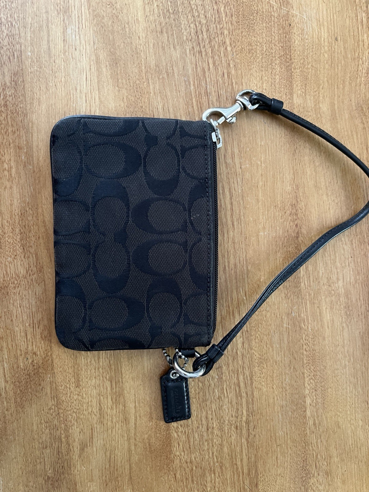 Coach Signature C Black Zip Wristlet Pouch Silver Hardware Wrist Strap