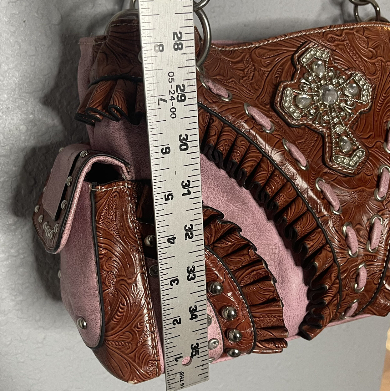 Faux Leather Pink Shoulder Purse Wallet Studded Cross Embossed Ruffle Country
