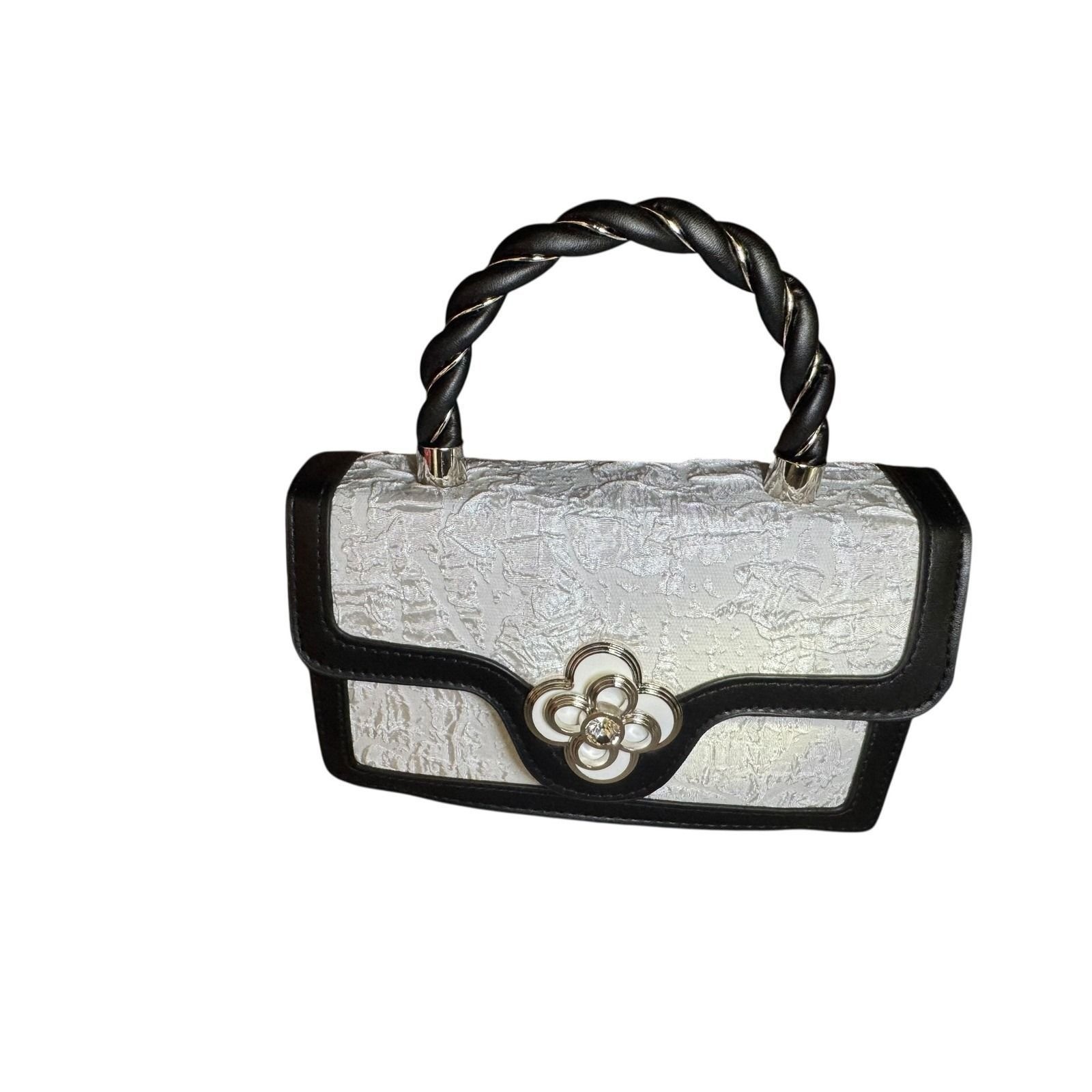 Chic Textured White Black Trim Top Handle Handbag