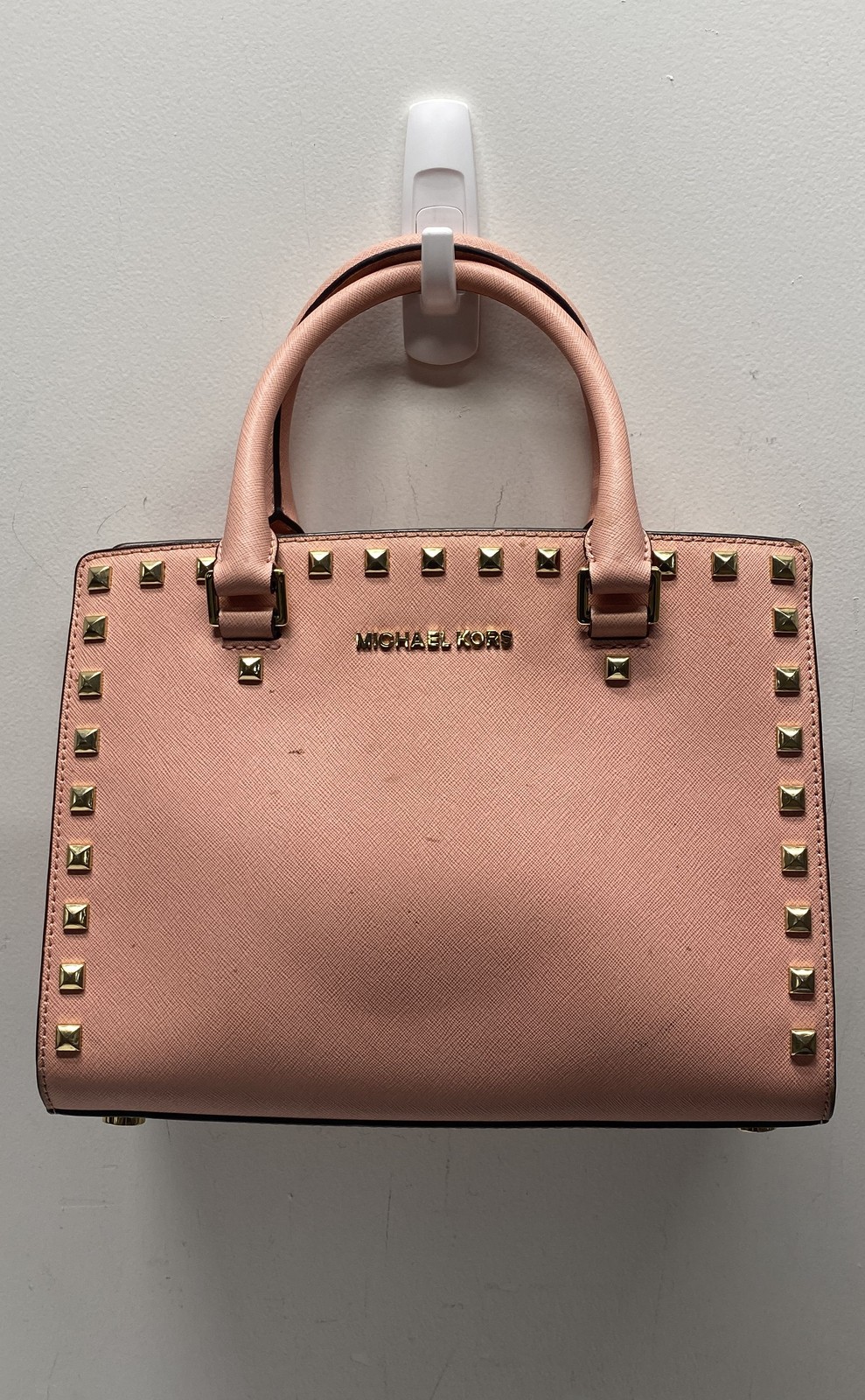 Michael Kors Pink Saffiano Leather Studded Selma Medium Satchel Crossbody Bag