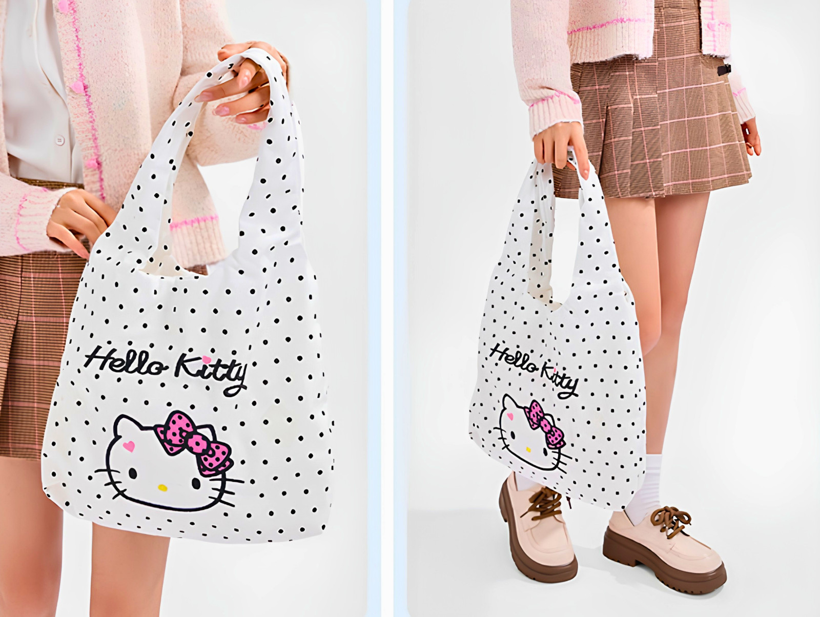 Sanrio Hello Kitty Polka Dot Tote Bag Authentic Embroidered Face Shoulder Bag