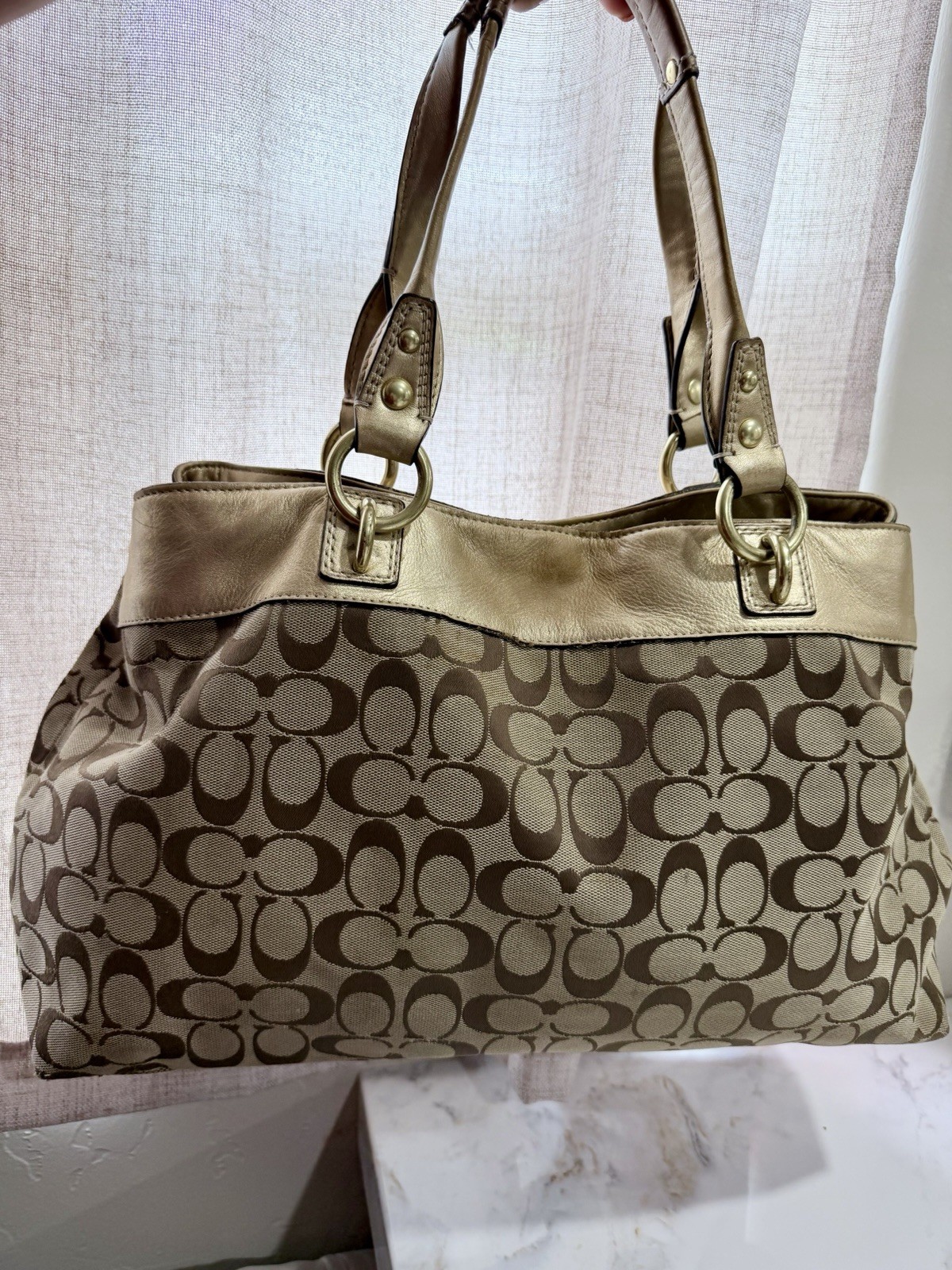 Coach Signature Logo Large Bag Beige Brown Gold + Wallet