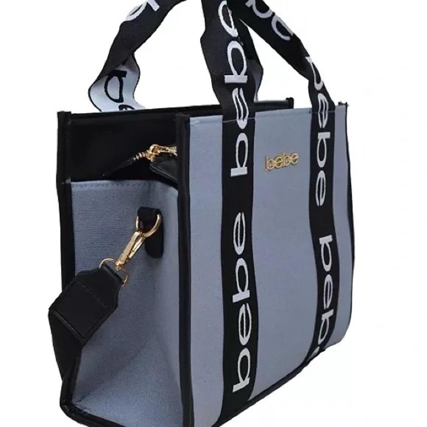 bebe Gray Black Logo Satchel Gold Hardware Detachable Strap Designer Handbag