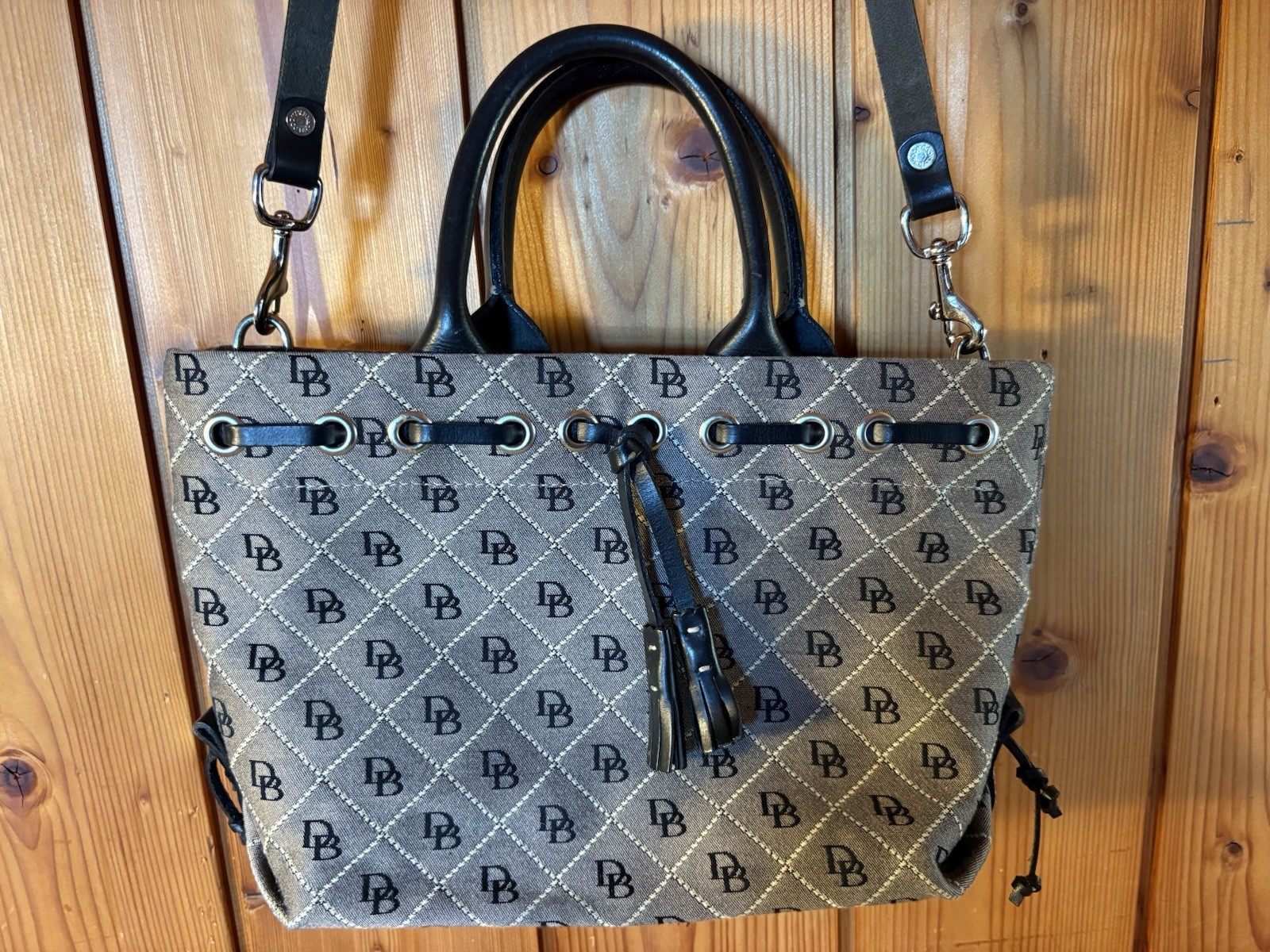 VINTAGE DOONEY AND BOURKE gray Black Monogram Handbag Canvas Leather 12x8x4.5”