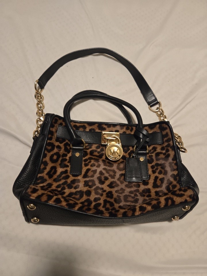 Michael Kors Hamilton Calf Hair & Leather Satchel Animal Print Gold MK Handbag