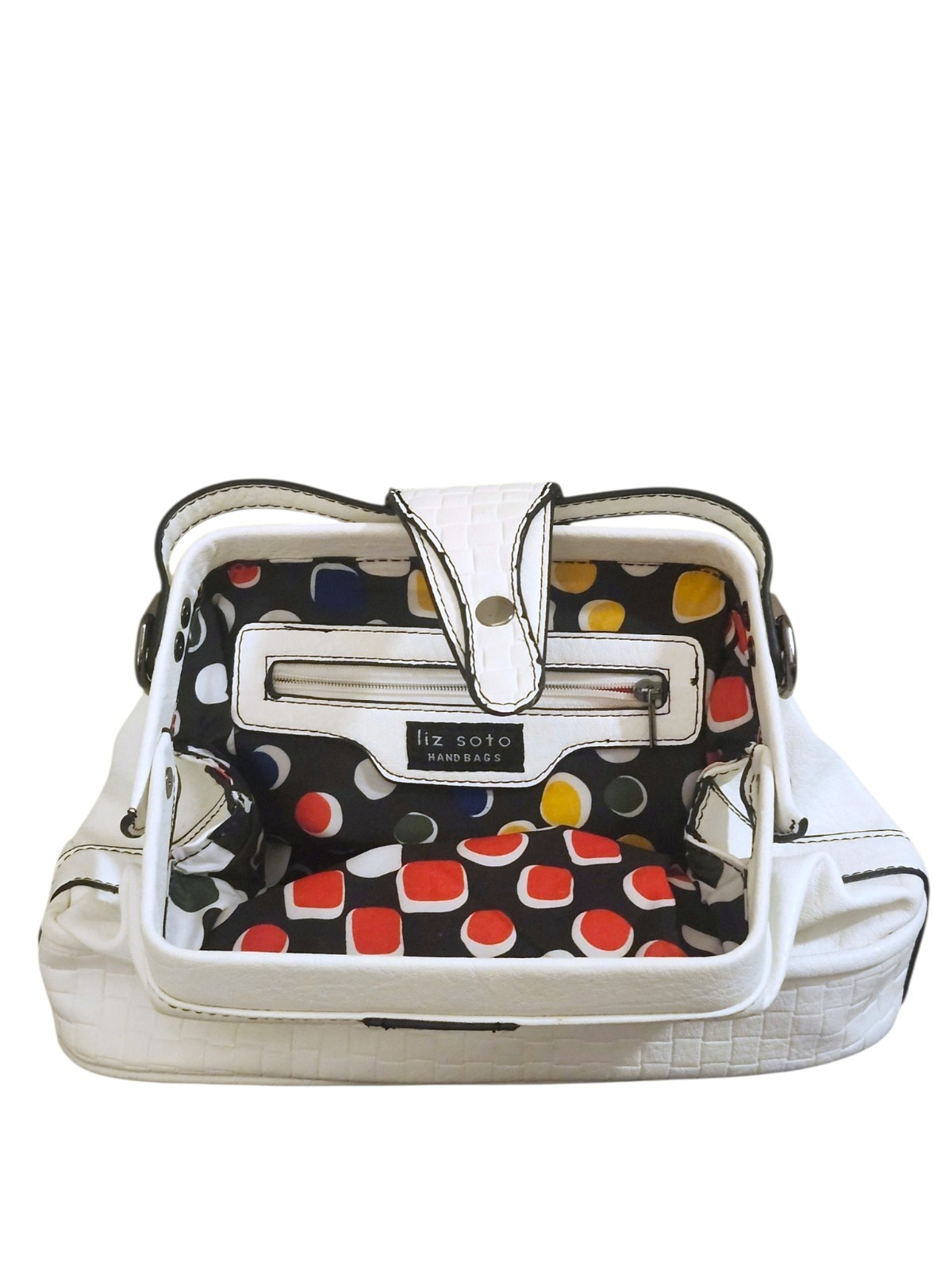 Liz Soto White Vegan Leather Crossbody Bag Retro Polka Dot Geometric Lining