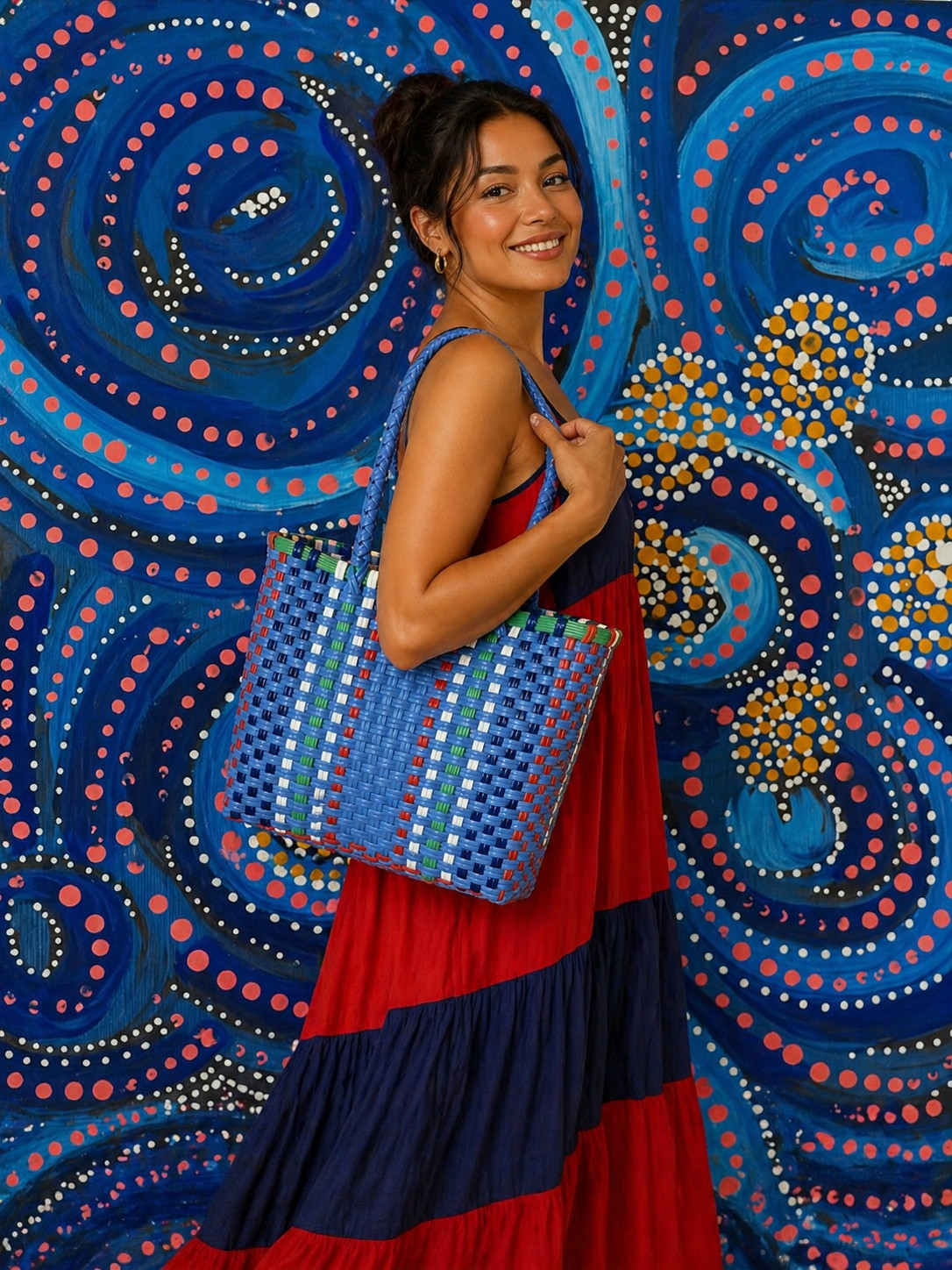 Hand Bag Plastic White Blue Green Small Shopping Beach Modern Tote Woven