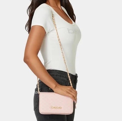 bebe Pink Monogram Crossbody Bag, Gold Chain Strap, Snap & Zip Closure